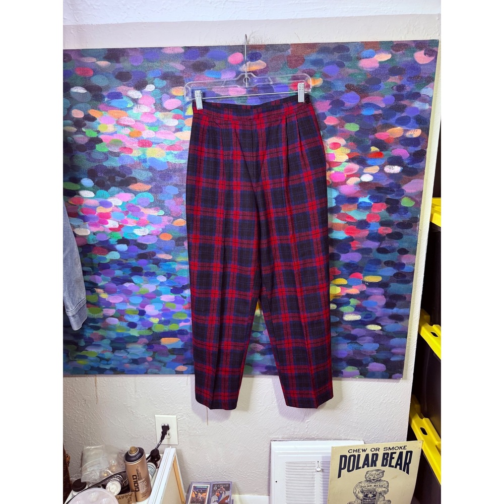Vintage Mazurka Red Navy Blue Plaid High Waisted Pleated Tapered Pants Size 7/8